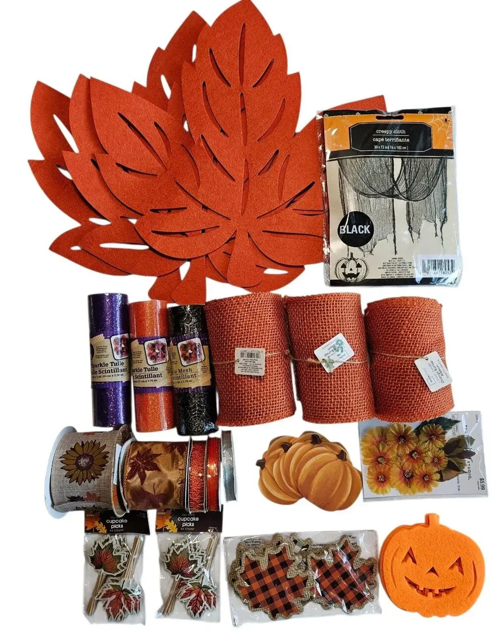 FALL & HALLOWEEN Ribbon & Decor Lot Leaves Pumpkins Cupcake Picks Etc